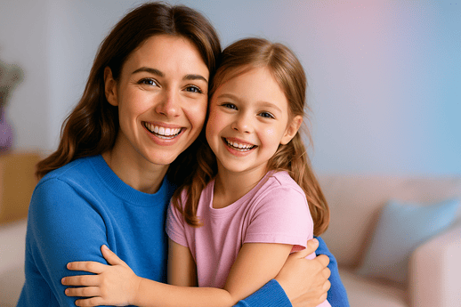 Madre joven e hija felices con su seguro de salud